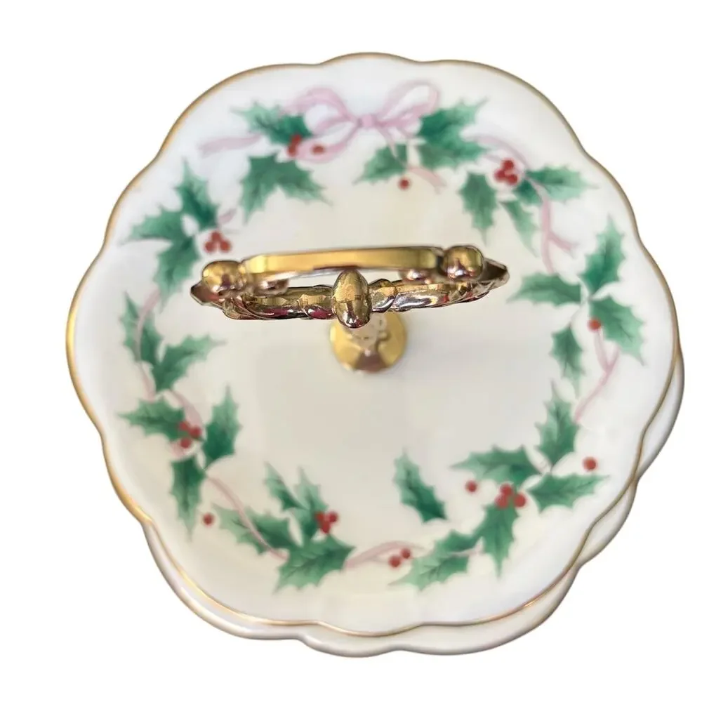 Mikasa Ribbon Holly 2 Tier Serving Tray Bone China Gold Handle Christmas Dessert